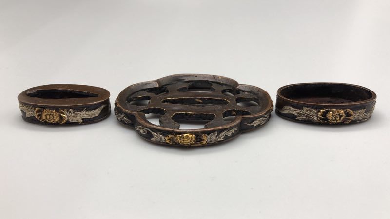 「竹」貴重 紫銅製 刀装具 武具鍔 細密細工彫 10点セット 稀少在銘l122 ◇アンティーク&frasl;縁頭 無銘「唐獅子」(USED)◇