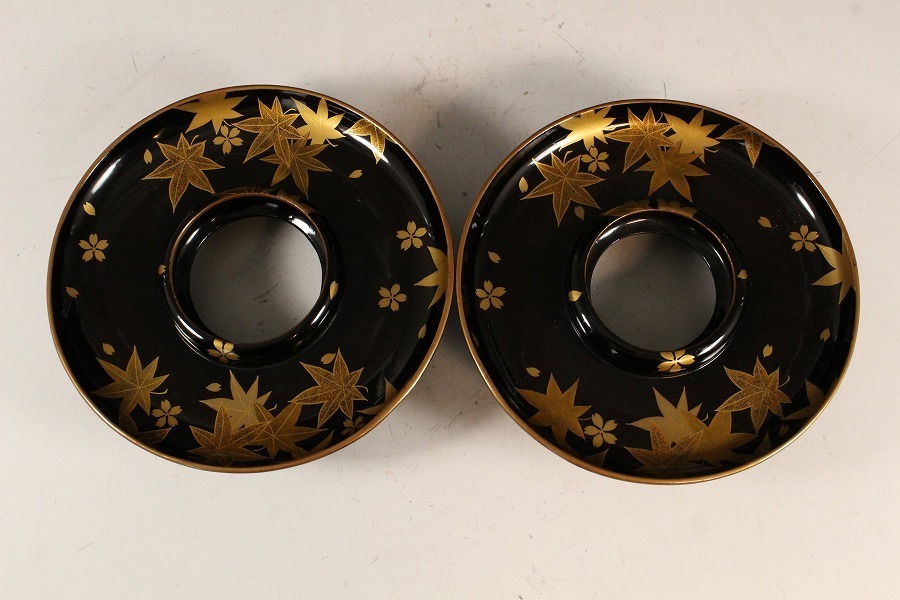 【金閣】茶道具 極上漆器 紅葉散蒔絵 天目台 一対 時代箱 旧家蔵出(B863)