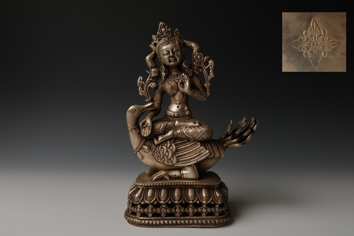 遅日亭】古銅 白銅 チベット仏 鳥上坐観音像 彫刻 仏像 987g 無傷