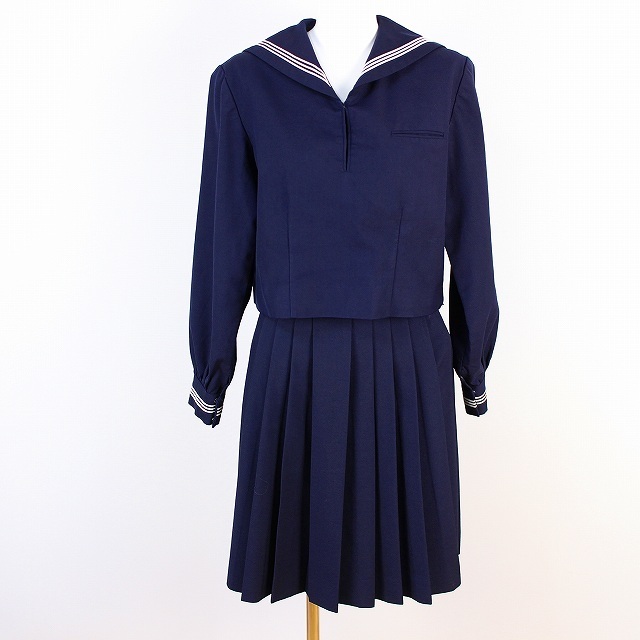 1円 セーラー服 スカート 上下2点セット 冬物 長袖 白3本線 女子 学生服 中学 高校 紺 制服 中古 ランクB EY6488 1円 セーラー服 スカート 黒3本線 青2本線 学生