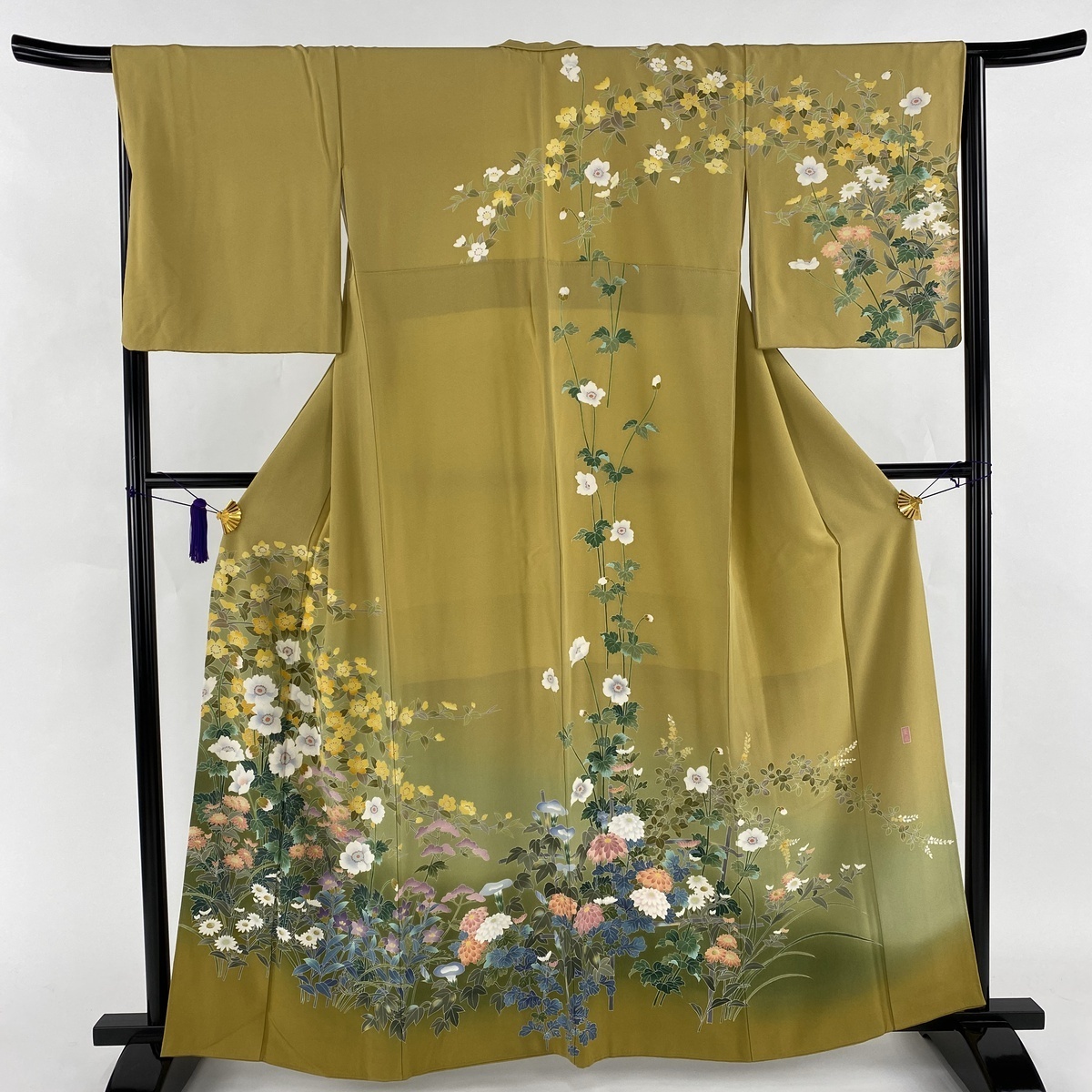 訪問着 名品 落款 岡村蒼風 草花 ぼかし 黄土色 袷 身丈161.5cm 裄丈