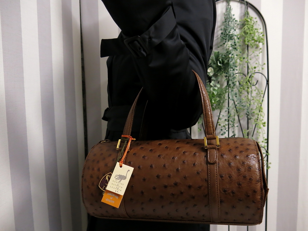○未使用○JRA Sanyu○オーストリッチ 本 だちょう 革○ハンド バッグ○茶