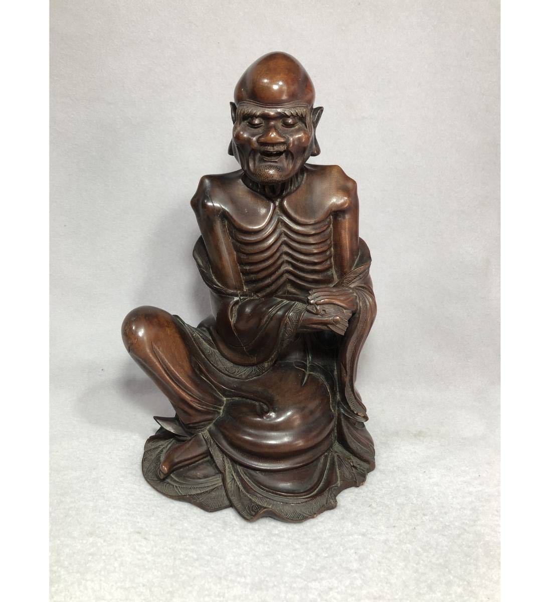 嘉宝】唐木 細密彫 痩骨羅漢像・在銘/聴△時代物.美品.木彫△細密彫刻