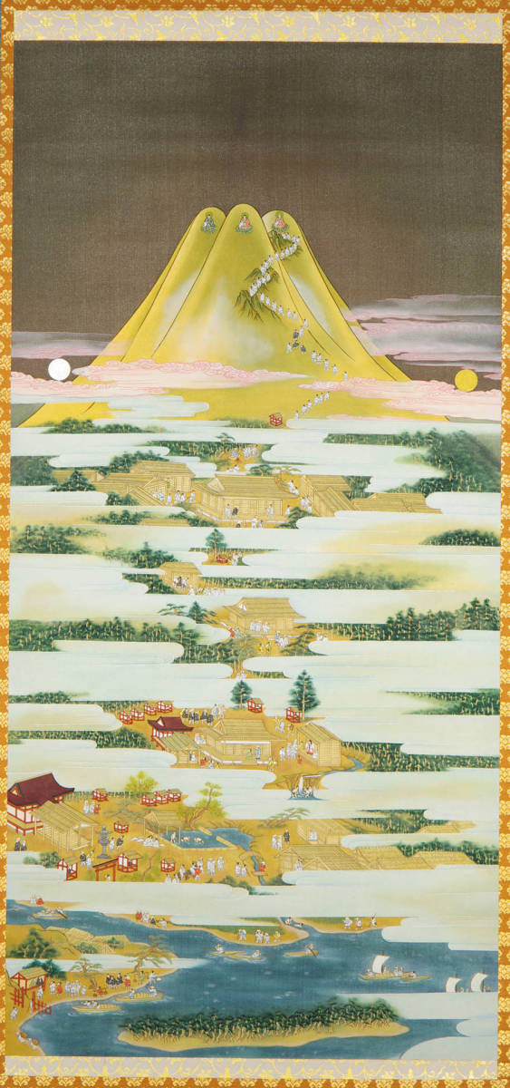 掛け軸　絹本　法眼 ［富士の図］肉筆 大幅 木箱無！ 横山竹洞 謹写 『 重文 富士曼荼羅図 (部分) 狩野元信 』 肉筆 絹本 共