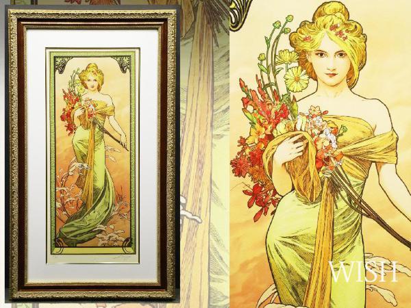 【真作】【WISH】アルフォンス・ミュシャ Alphonse Mucha 「夏」 大作 リトグラフ 証明シール 　 #20022211 真作WISHアルフォンス・ミュシャ アルフォンス・ミュシャ Alphonse シャンパンホワイト ≪モエ・エ・シャンドン ミュシャ)のアートポスター・アート