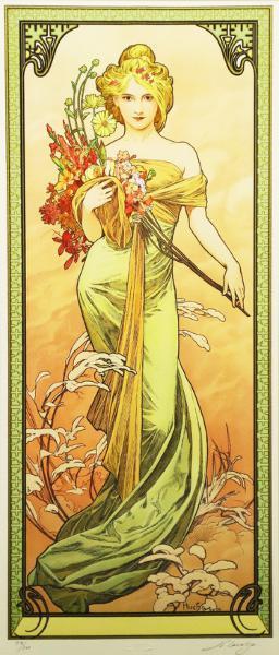 【真作】【WISH】アルフォンス・ミュシャ Alphonse Mucha 「夏」 大作 リトグラフ 証明シール 　 #20022211 真作WISHアルフォンス・ミュシャ アルフォンス・ミュシャ Alphonse シャンパンホワイト ≪モエ・エ・シャンドン ミュシャ)のアートポスター・アート