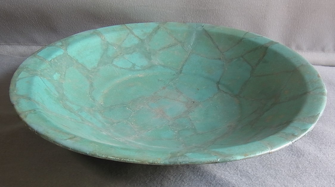 A767 - 古代波斯 青釉刻文黒線描 銀化鉢 発掘出土品（箱