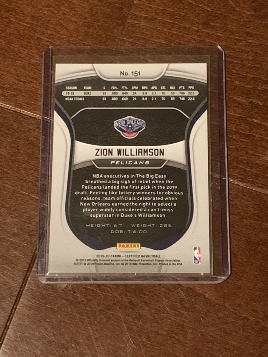 【Zion Williamson】2019-20 Panini Certified Basketball RC Base Blue #pelicans