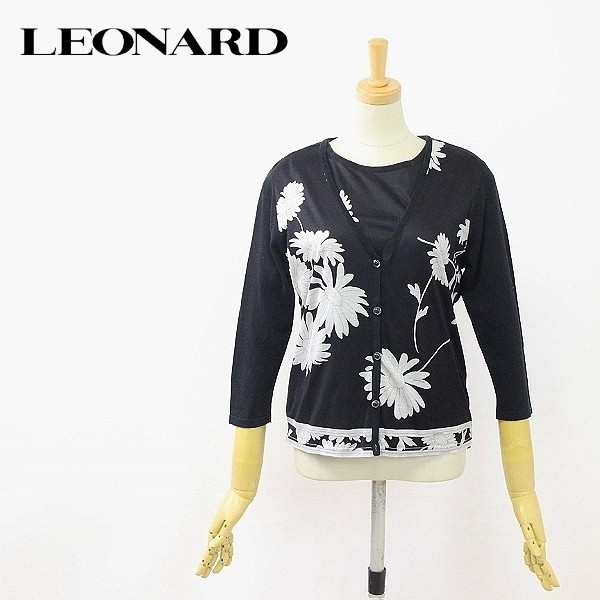 LEONARD*レオナール　コットンカーディガン　花柄　フラワー　黒　M □LEONARD / レオナール 花 フラワー コットン カーディガン＆トップス