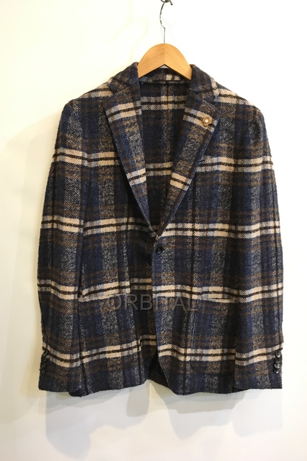 二子玉) LARDINI ラルディーニ 段返り3Bチェックウールジャケット ブートニエール チェック柄 本切羽 メンズ 46 ブラウン系