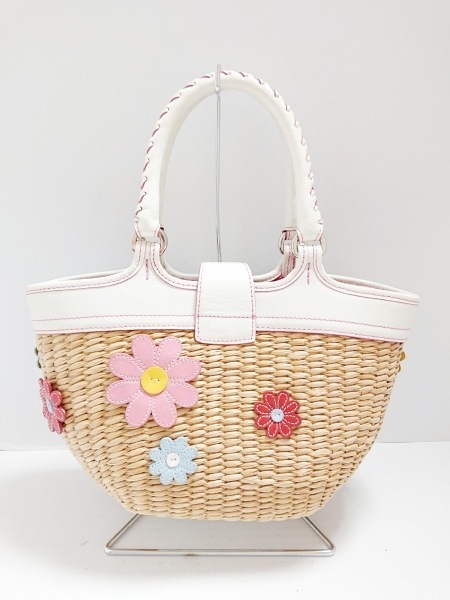 コーチ COACH トートバッグ 4443 - ストロー×レザー ベージュ×白