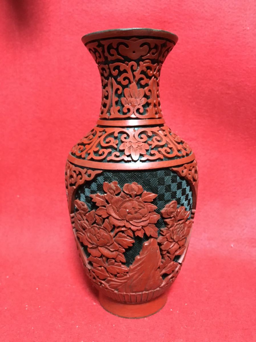 堆朱 花瓶 中国古玩 唐物 時代物 置物 骨董品 剔紅 中国美術 銅製 堆朱