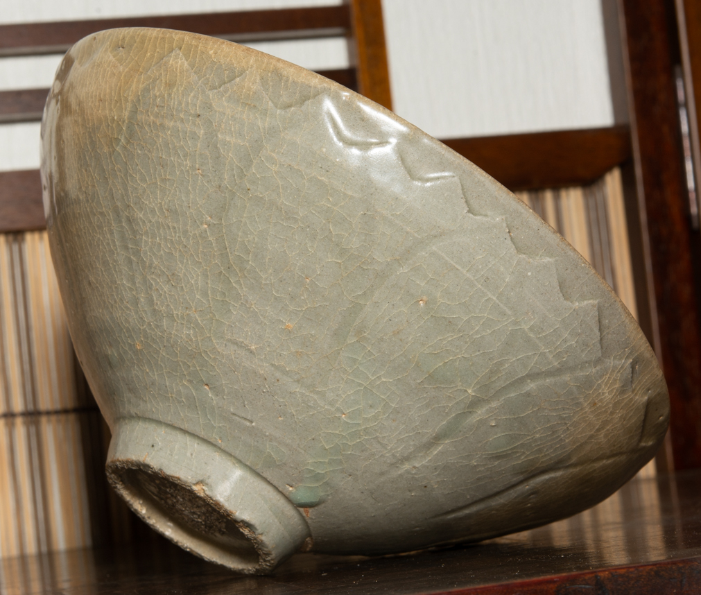 道XF2774李朝時代初期青磁蓮弁文茶碗 高麗青磁茶碗 海南郡玉泉面山中