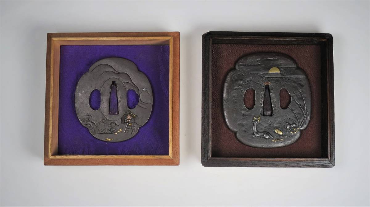 鍔 保存刀装具 名品金工鍔⁄名工奈良作⁄金銀高肉彫象嵌色絵鐔⁄猟師 日本
