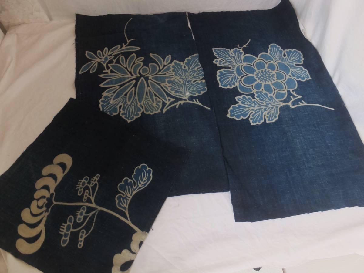 古布17 筒描き3枚 菊花 藍染め 木綿 浅葱色