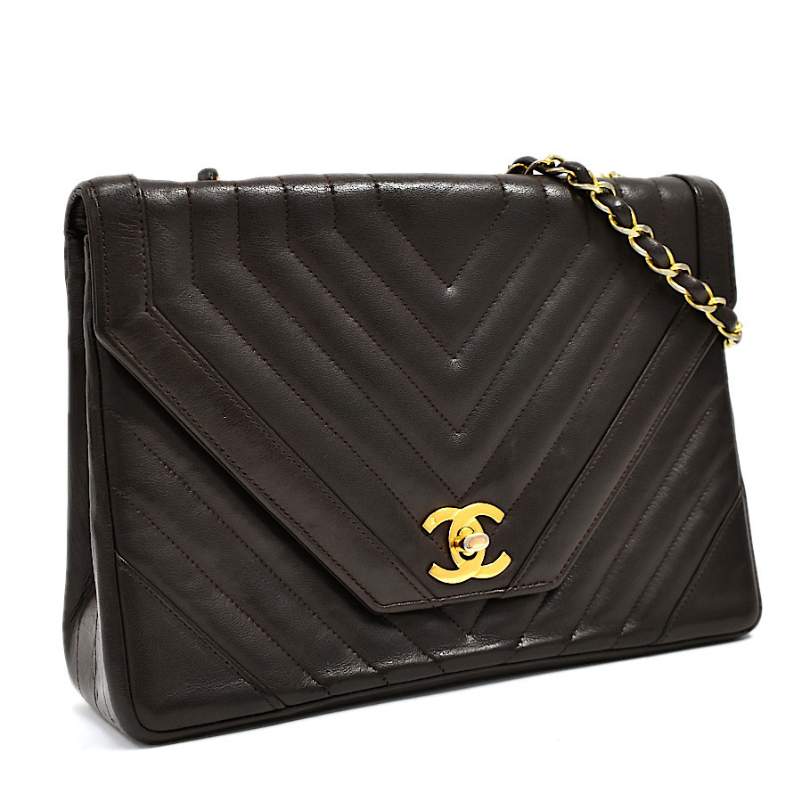 爆買い，セール 1円 CHANEL シャネル チェーンショルダーバッグ Vステッチ ターンロック ダークブラウン ラムスキン レザー ヴィンテージ(ショルダーバッグ)｜売買されたオークション情報、yahooの商品情報を かばん、バッグ
