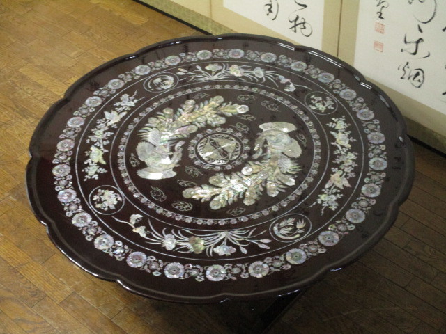 机・テーブル 螺鈿細工 花鳥文様 円形座卓 折りたたみテーブル
