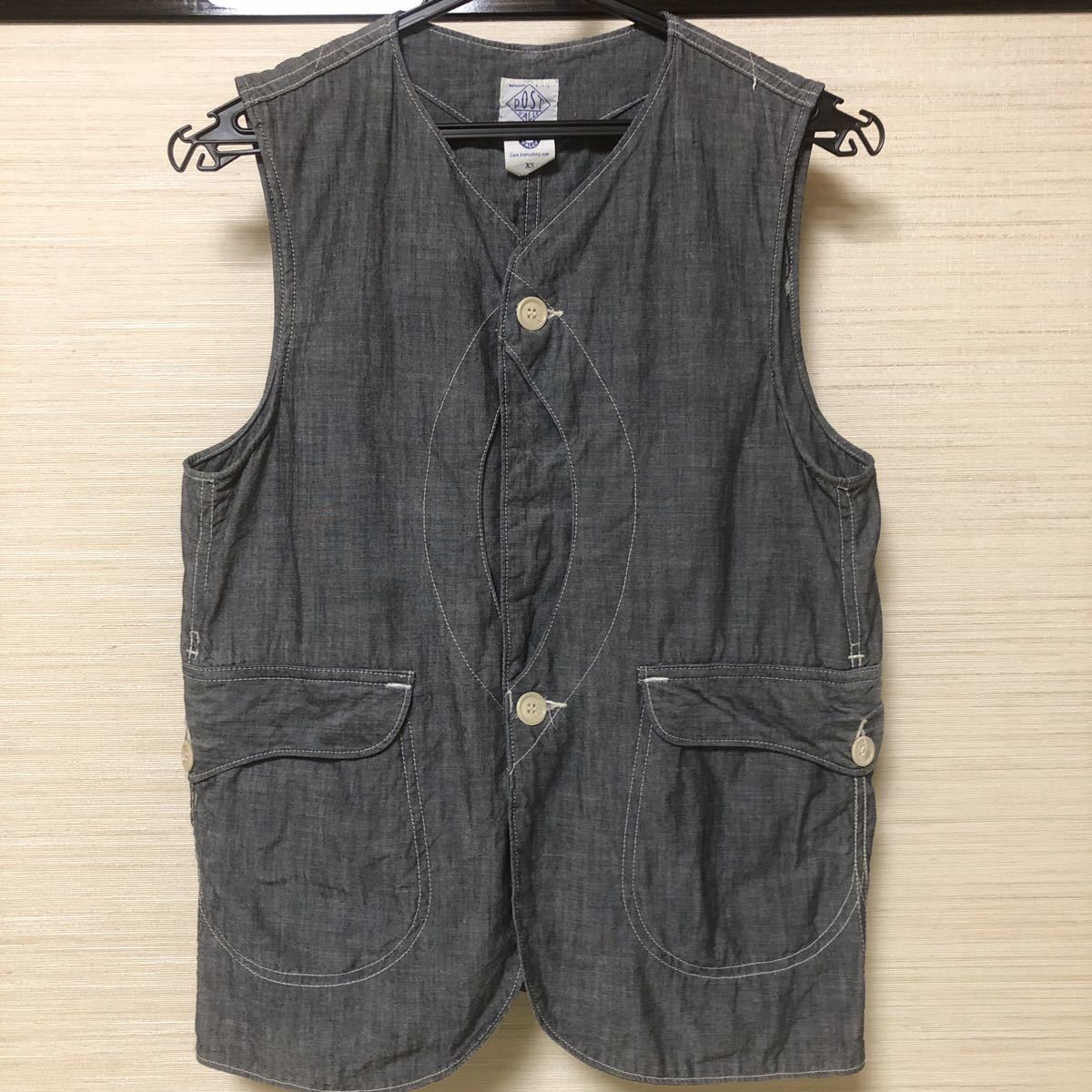 美品 ポストオーバーオールズ ロイヤルトラベラー ワーク ベスト XS vest ポストオーバーオール ロイヤルトラベラーベスト XS シャンブレー USA