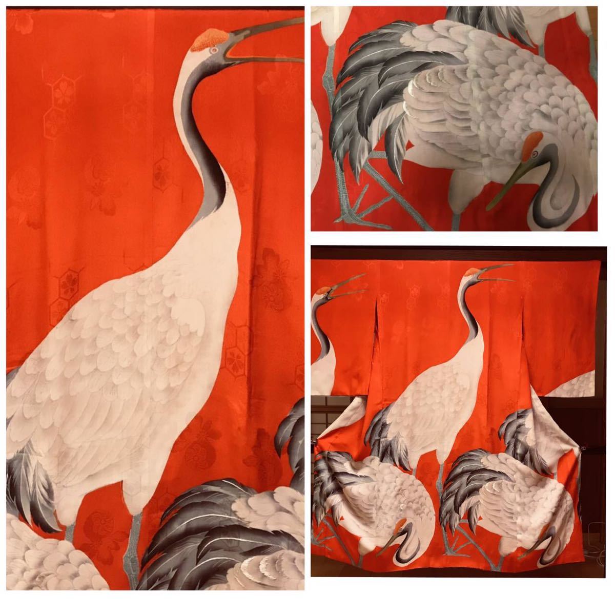 着物 鶴 襦袢 刺繍 アンティーク着物 絹.正絹.アンティーク レア