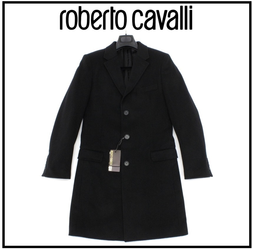 ロベルト・カヴァリ カシミヤ昆ウールチェスターコート ブラック 46 24万新品◇46＝S◇ロベルトカヴァリ黒カシミア混ウールチェスター