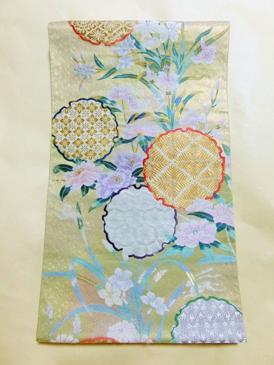  金銀彩麗織帯 極 作品名 雪輪花散らし 豪華刺繍 -芍薬菊桔梗桜-雪輪花菱紋様- 正絹 袋帯 素敵 仕立て上がり(仕立て上がり)｜売買されたオークション情報、yahooの商品情報をアーカイブ公開 - 仕立て上がり