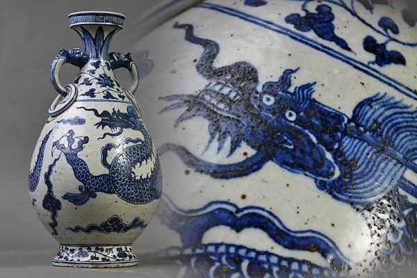 065NQ 中国古玩 中国美術 唐物 元時代 元染付 雲龍文 双耳瓶 花瓶 初荷 骨董 古玩 古美術品 古道具 10584_1