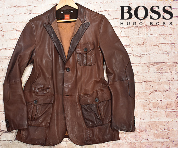 即決】HUGO BOSS ヒューゴボス レザー テーラードジャケット ブラウン
