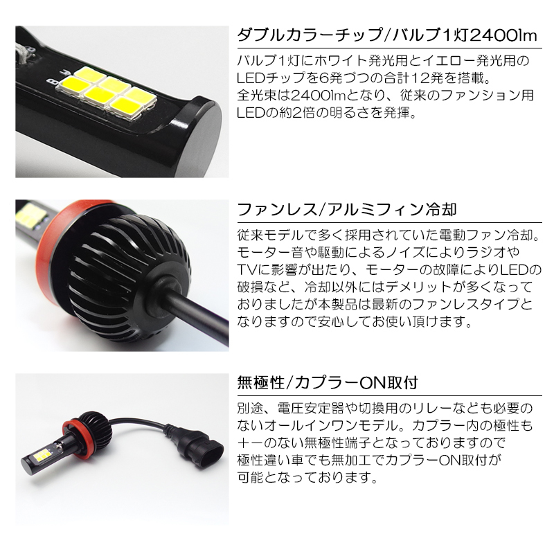 L575A/L585A ピクシススペース カスタム LED フォグランプ H8 20W 5200lm 2色切替 6000K/ホワイト/白色 3000K/イエロー/黄色 車検対応☆