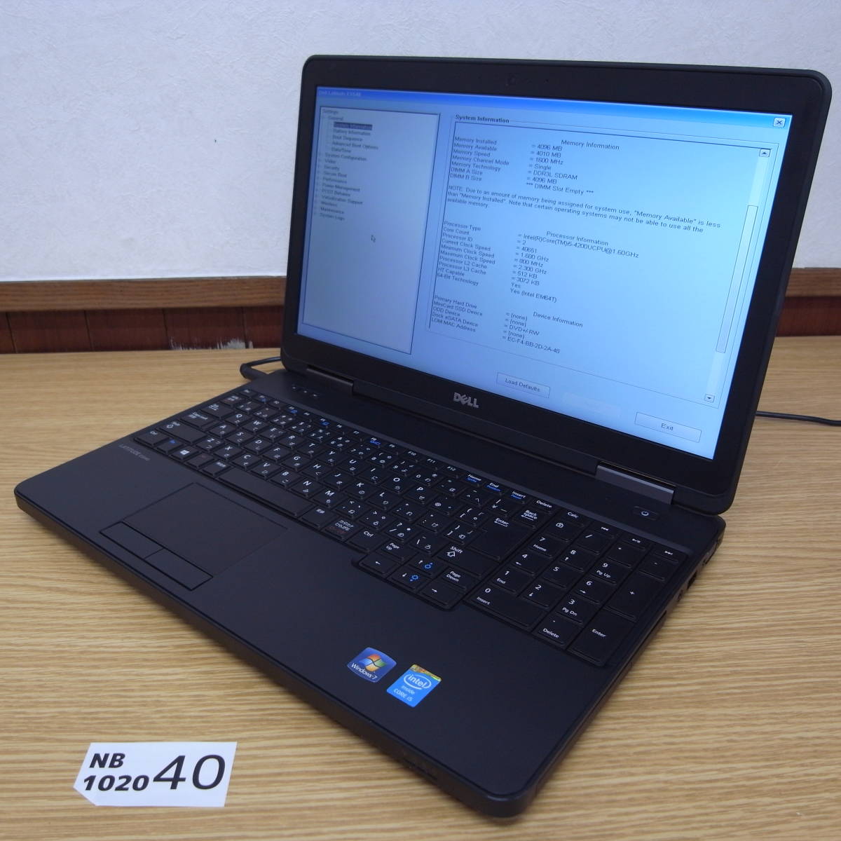 NB1020-40☆BIOS起動確認済☆DELL LATITUDE E5540/CORE i5-4200U