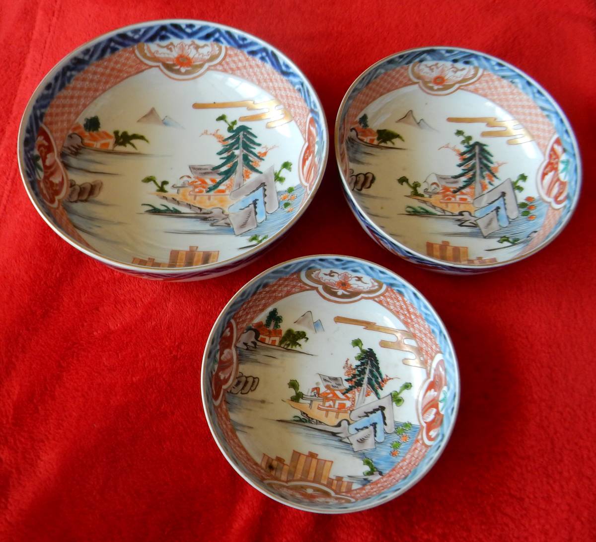 アンティーク古伊万里明治期 鳳凰山水文 三つ組鉢 3点セット 盛 色絵 天平