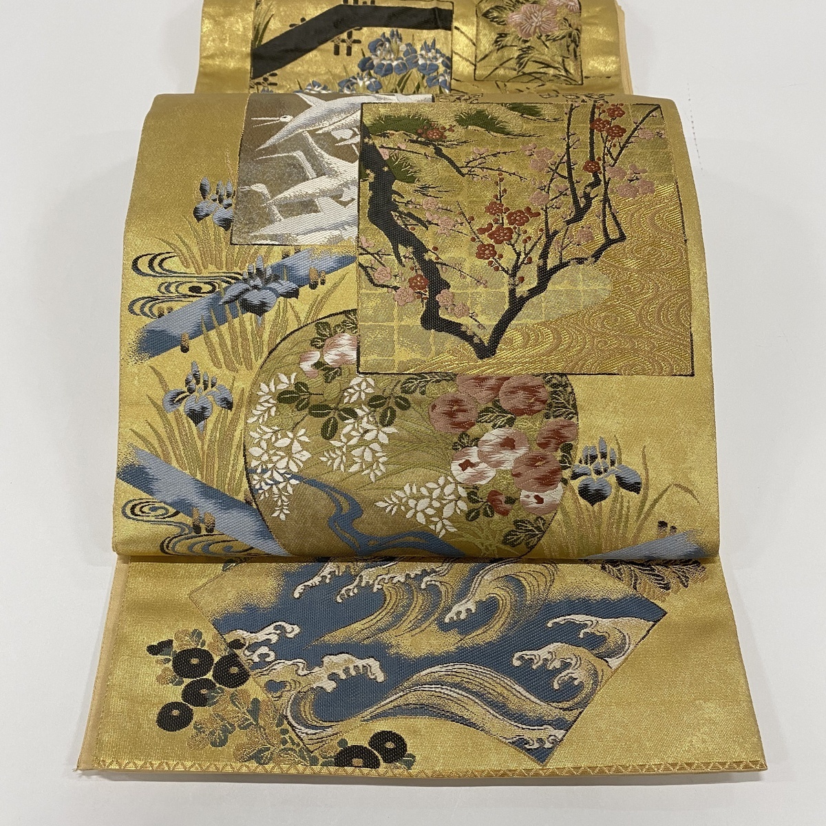 袋帯 箔 お太鼓柄 正絹 中古 名品 色紙 金色 美品 螺鈿箔 草花 金糸 逸品