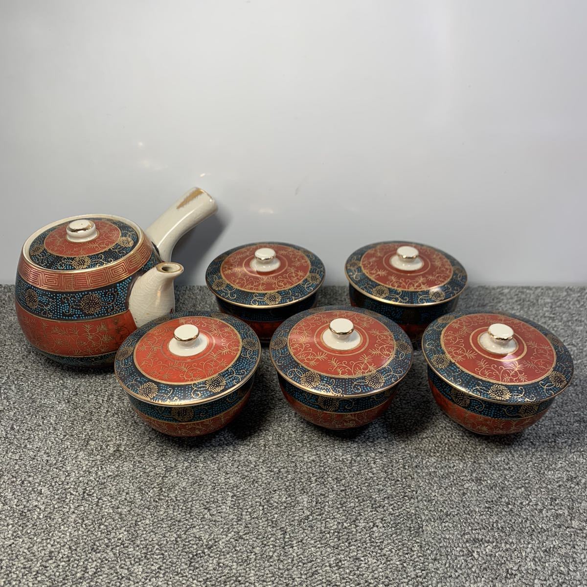 夢工房 古染付 白菜図 玉露 煎茶碗 五客 仕覆入 V-316(染付)｜売買され