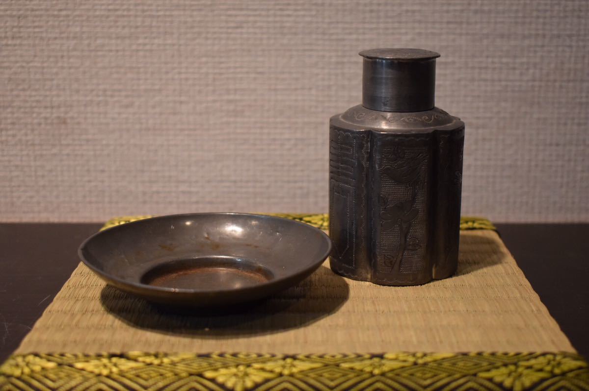 GE】R302【旧家所蔵品】在銘 古錫茶壷・茶托 /煎茶道具 中国 古玩 中国