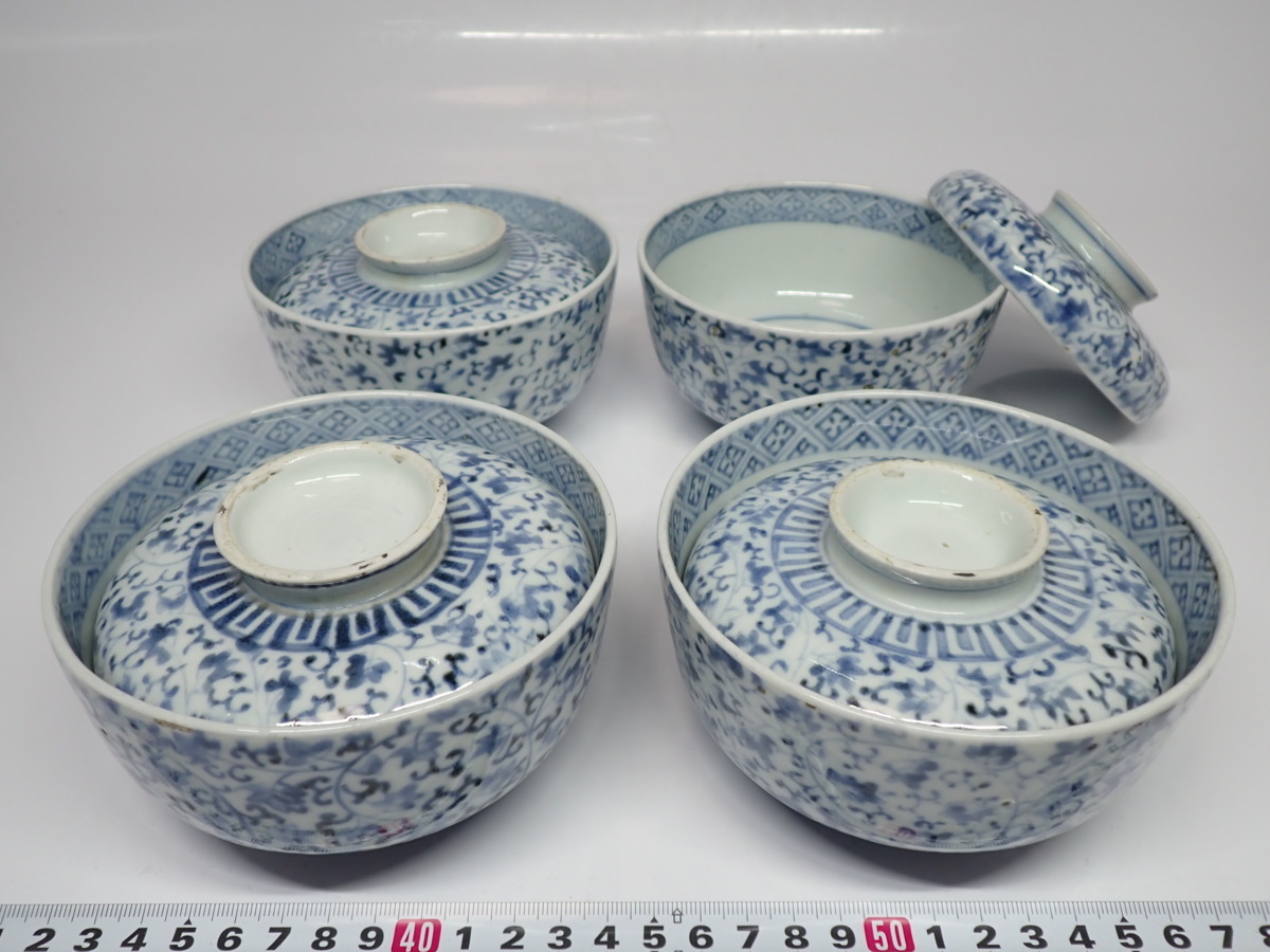 古伊万里 染付 - 微塵唐草 蓋付茶碗 生活骨董と古布の 5客