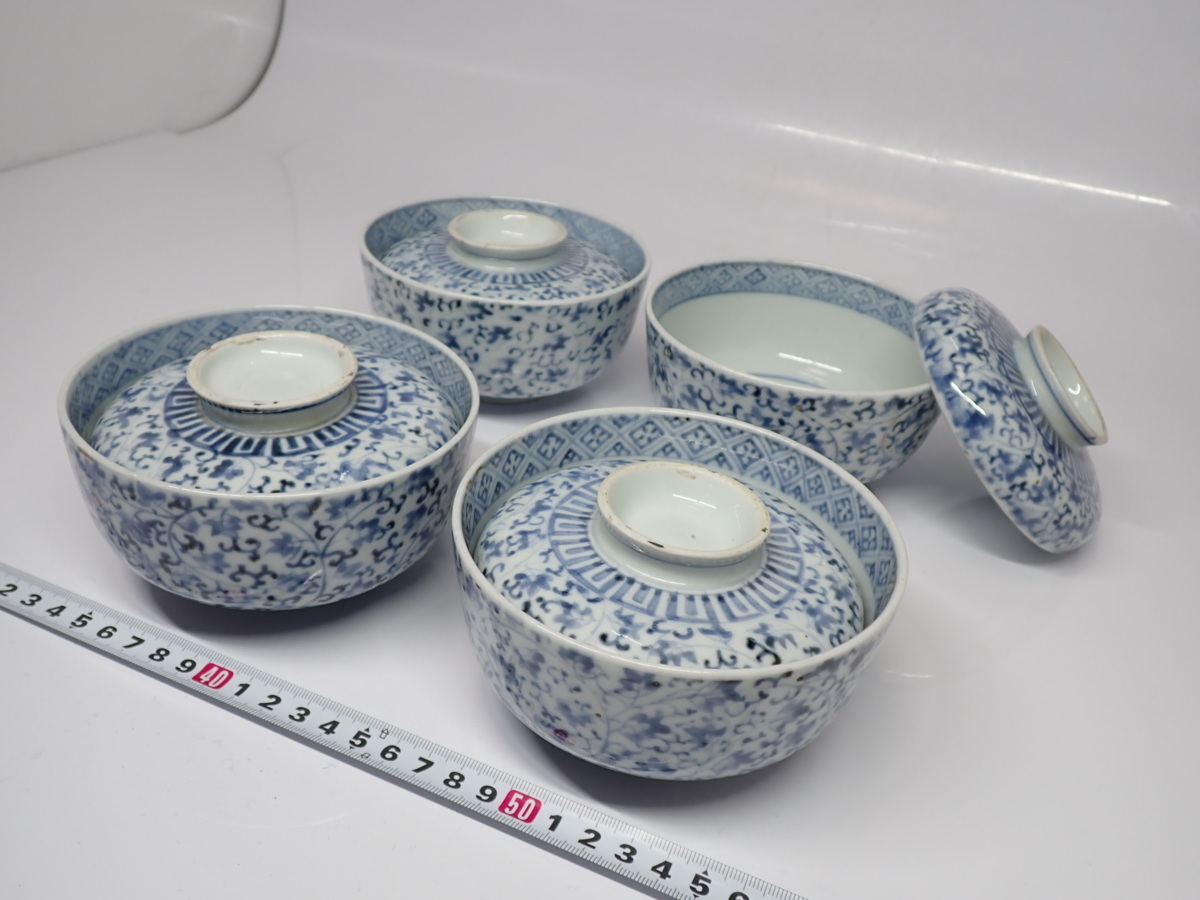 古伊万里 染付 - 微塵唐草 蓋付茶碗 生活骨董と古布の 5客
