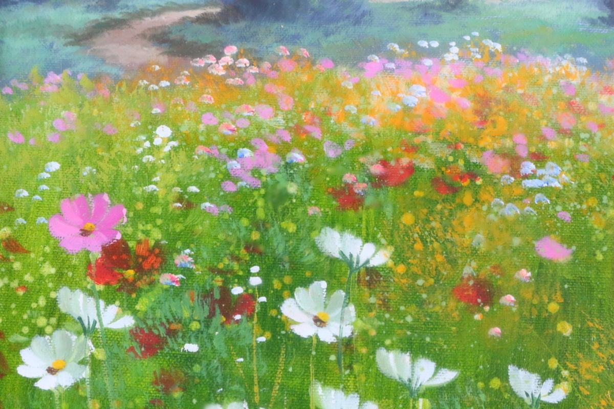 平野信一「コスモス」油彩画 写実的 F10 / 額装品 油絵 リアリズム