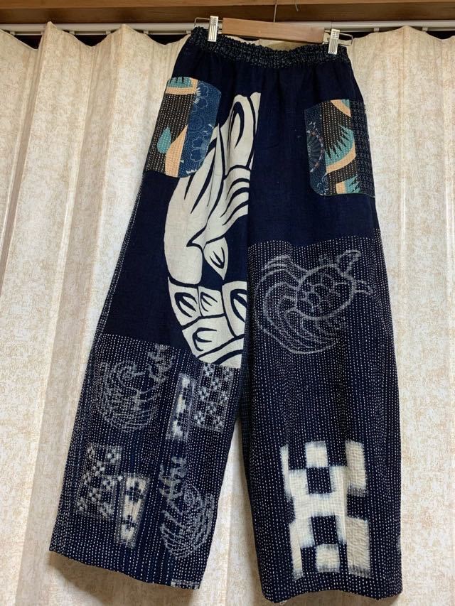 古布藍染筒描暖簾サロペットパンツ 古布藍染筒描暖簾サロペットパンツ 古布藍染筒描暖簾サロペットパンツ