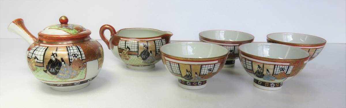 急須 湯冷まし 九谷焼 湯呑 金彩 赤絵 煎茶器 s 4客 茶器揃 人物 煎茶道具