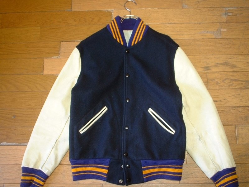 60sビンテージLASLEY KNITTING CO.本革レザー袖革スタジャン40in紺 
