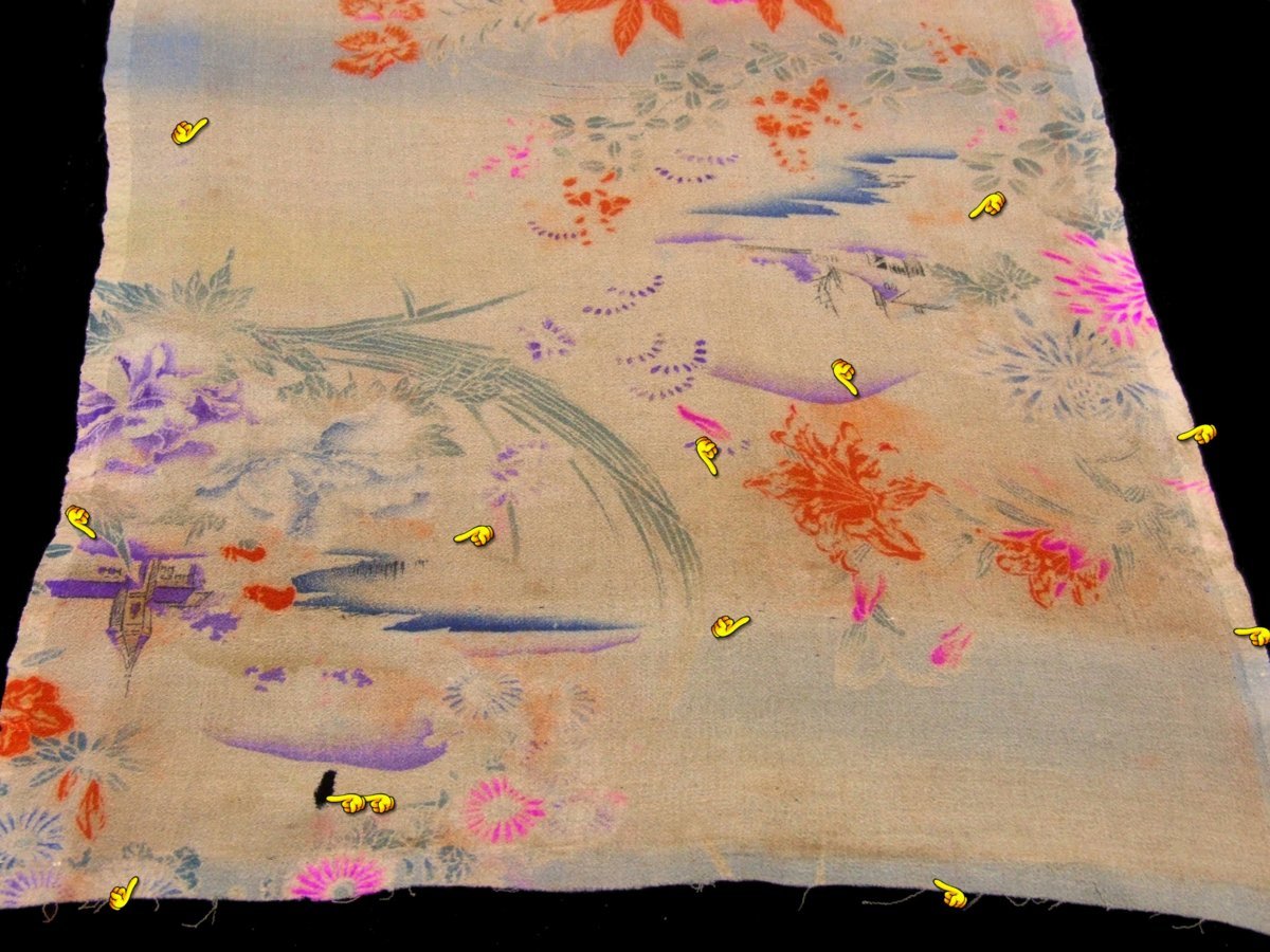 正絹江戸縮緬、扇に四季の花の端布 和古布材料；正絹江戸