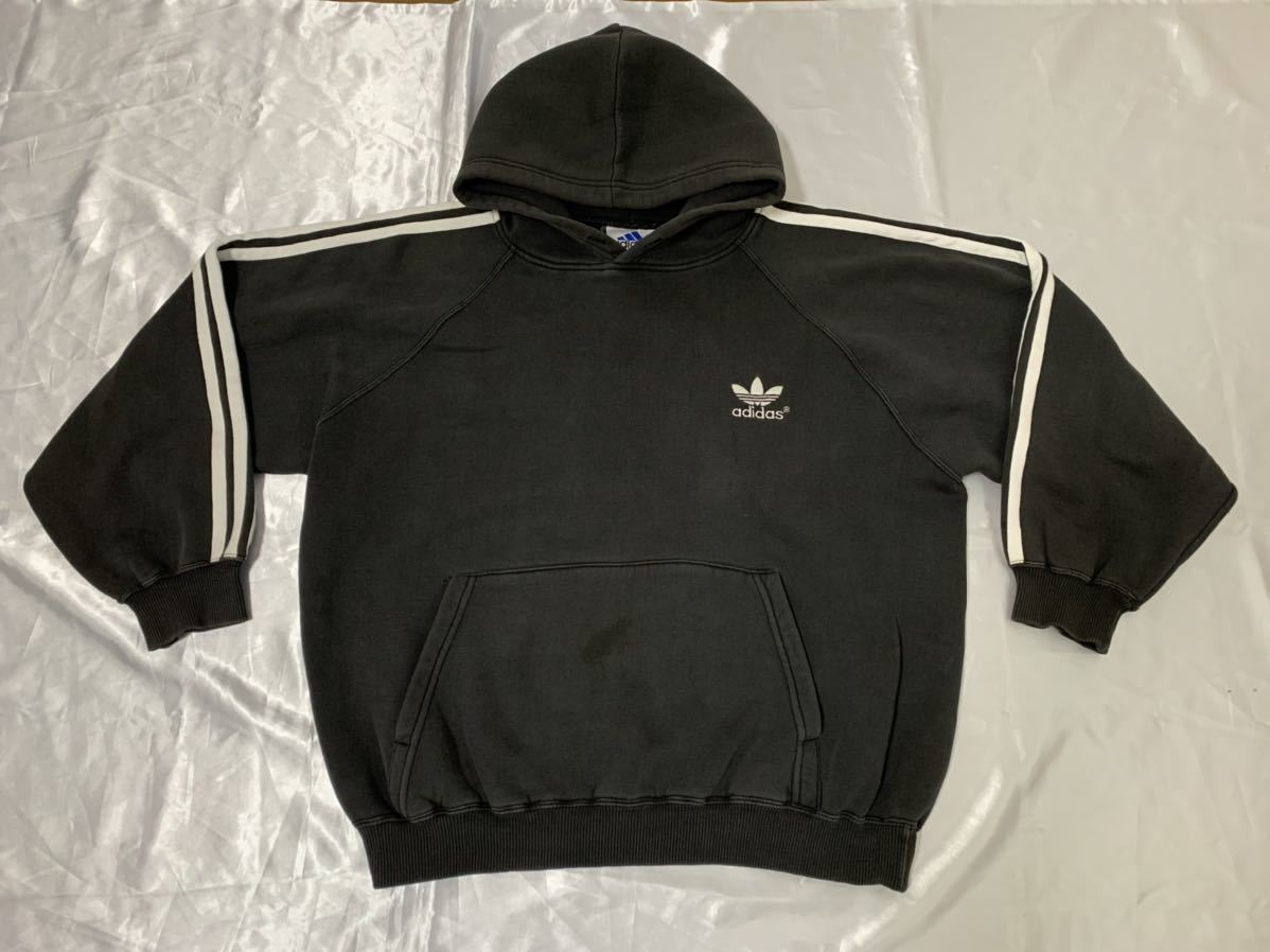 アディダス 90s ビンテージ カナダ製 トレフォイル パーカー グレー×白 3本ライン 古着 adidas フーディー スウェット ジャージ