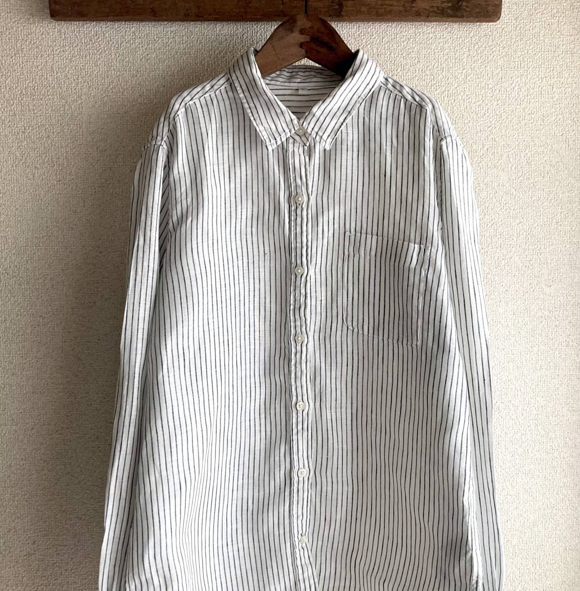 MUJI 無印良品＊麻100% ストライプ柄 長袖シャツ 白×薄ネイビー L  