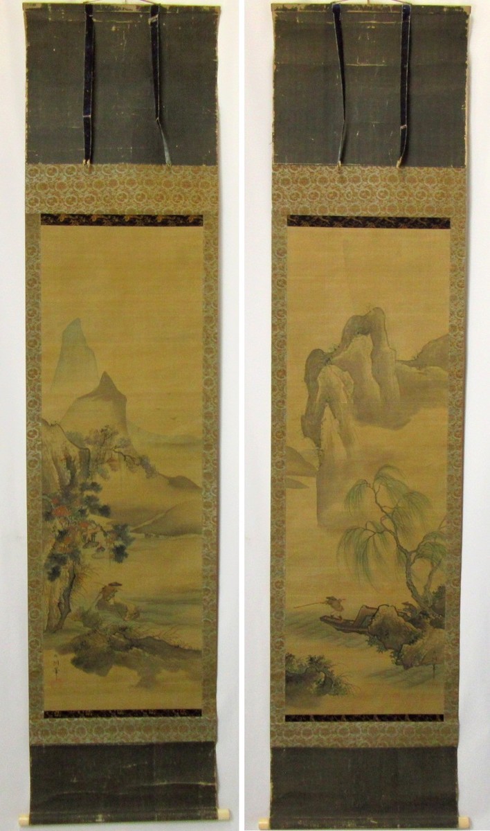 松村景文 宇DB171 三幅対 山水絵掛軸 元箱 珊瑚黄鳥