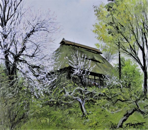 [桃]★早津 剛【赤塩の家】＊共シール [工芸]＊独立展＊桜と古民家風景が美しい作品＊出品油彩作品の縮小工芸品＊本人サイン