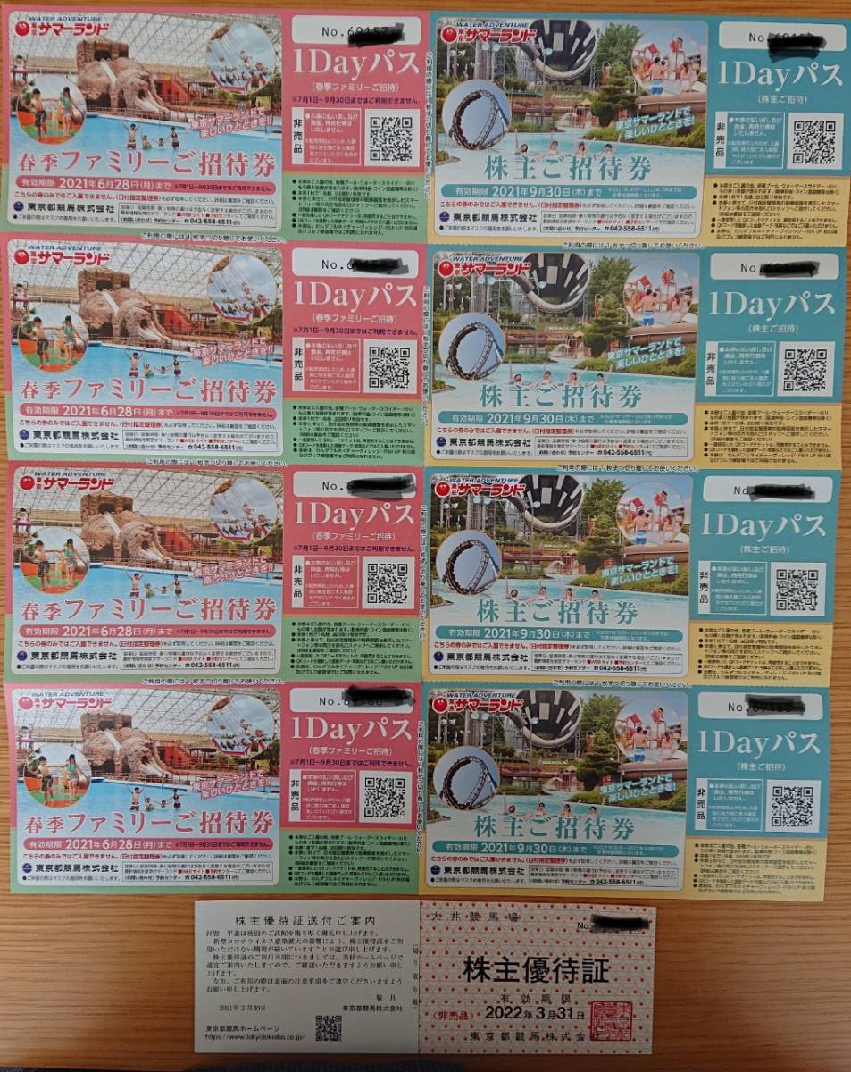【送料無料】東京サマーランド(春季ファミリーご招待券4枚＋株主ご招待券4枚+大井競馬場株主優待証）東京都競馬株主優待_1