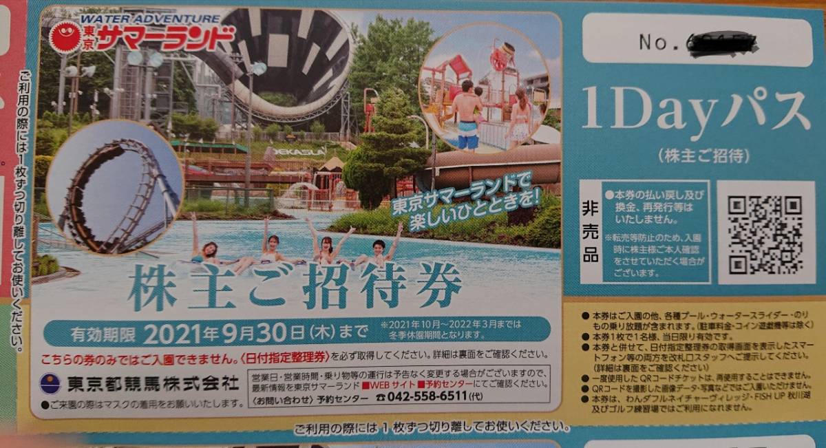 【送料無料】東京サマーランド(春季ファミリーご招待券4枚＋株主ご招待券4枚+大井競馬場株主優待証）東京都競馬株主優待_4