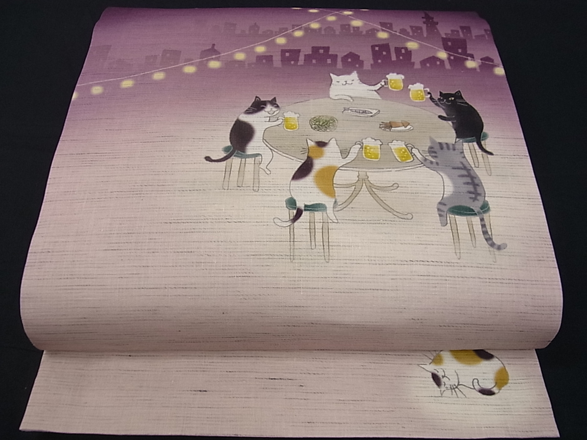 平和屋着物■夏物　全通柄京袋帯　猫　ビアガーデン　乾杯　近江の麻　逸品　新品　vp4021