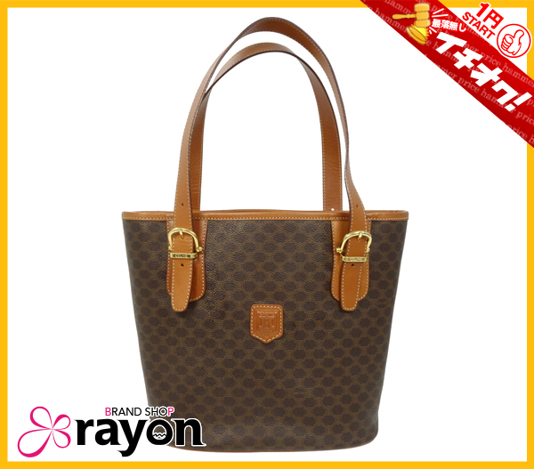 《1円～START》セリーヌ CELINE マカダム柄 トート ショルダー バッグ 肩掛け PVC×レザー ブラウン レディース ABランク 美品【RAYON】