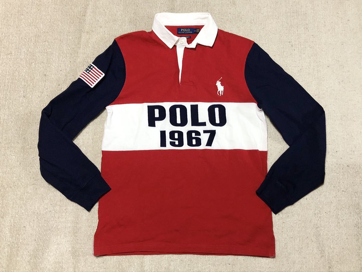 POLO RALPH LAUREN ポロ ラルフローレン ラガー ラグビー シャツ 長袖 刺繍 ワッペン 星条旗 CUSTOM SLIM FIT 赤×紺 1967 Mサイズ