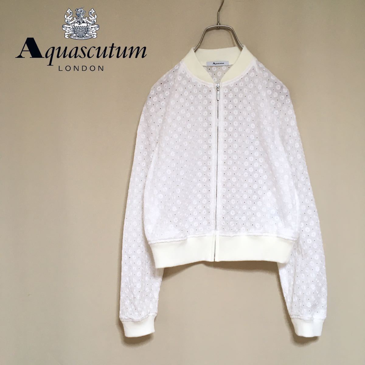 【美品】Aquascutum アクアスキュータム コットンレース ジップアップブルゾン ジャケット サイズ8/M相当 9号 ホワイト レディース 日本製